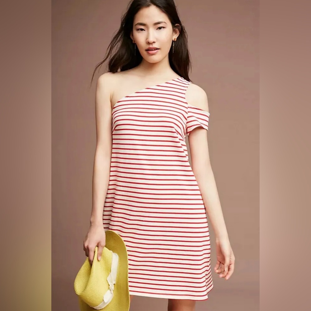 Anthropologie Maeve Marketa Red and White One Shoulder Dress